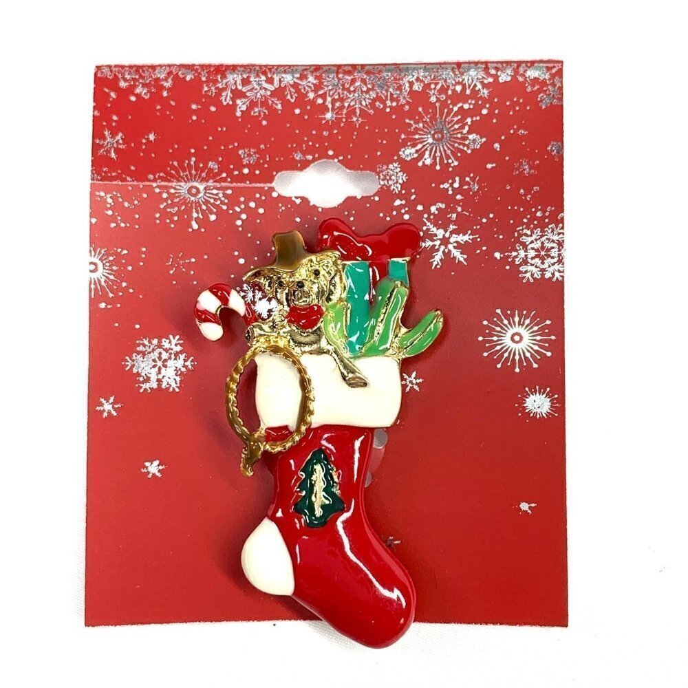Holiday Christmas Stocking Pin with Toys Red Green White Gold 2.25" NWT